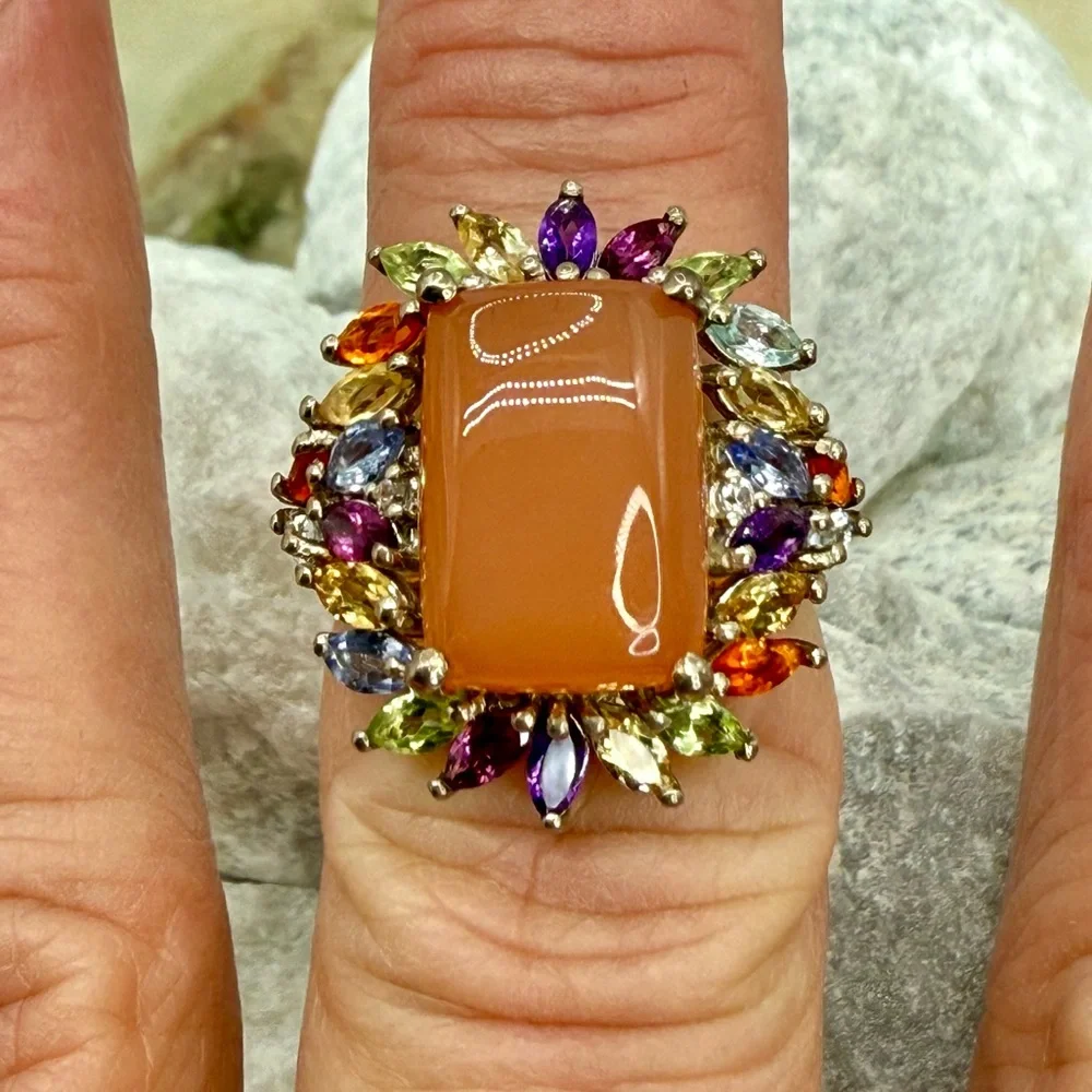 NWT Peach Moonstone & Multi-Gemstone Cocktail Ring 9.85 ctw Platinum Over 925 SS